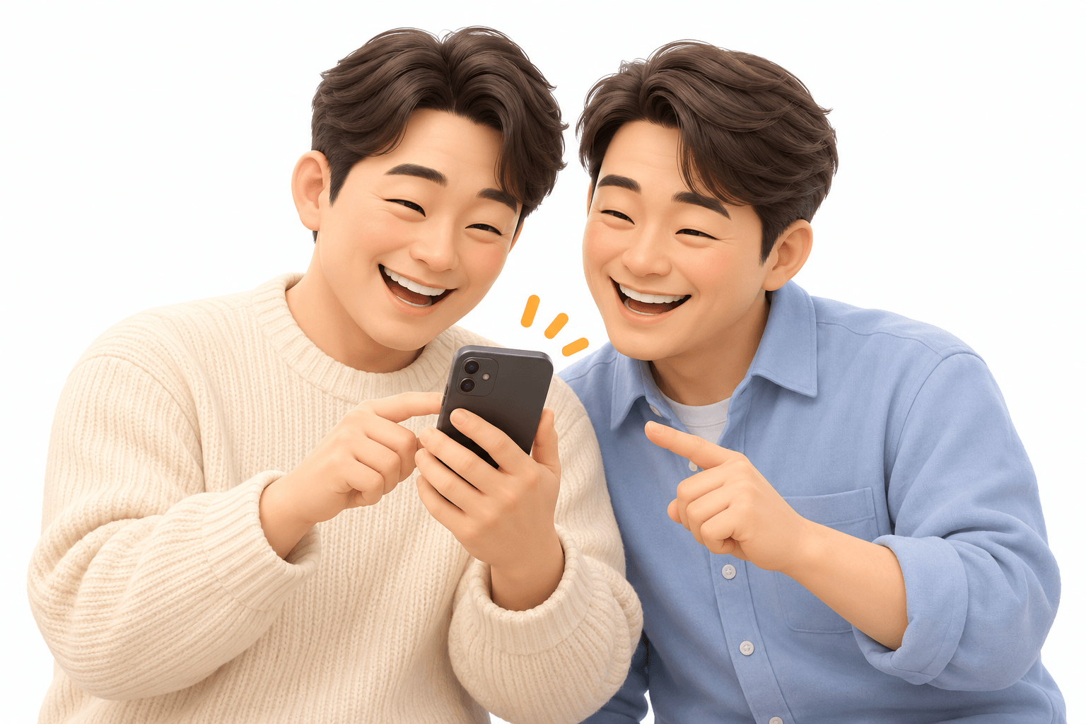 휴대폰을 함께 보며 웃는 두 남성 친구